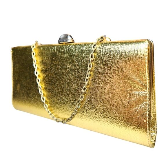 Vintage 60s Leather Gold Clutch Purse Handbag Metallic Chain Handle Envelope MCM - Picture 1 of 16